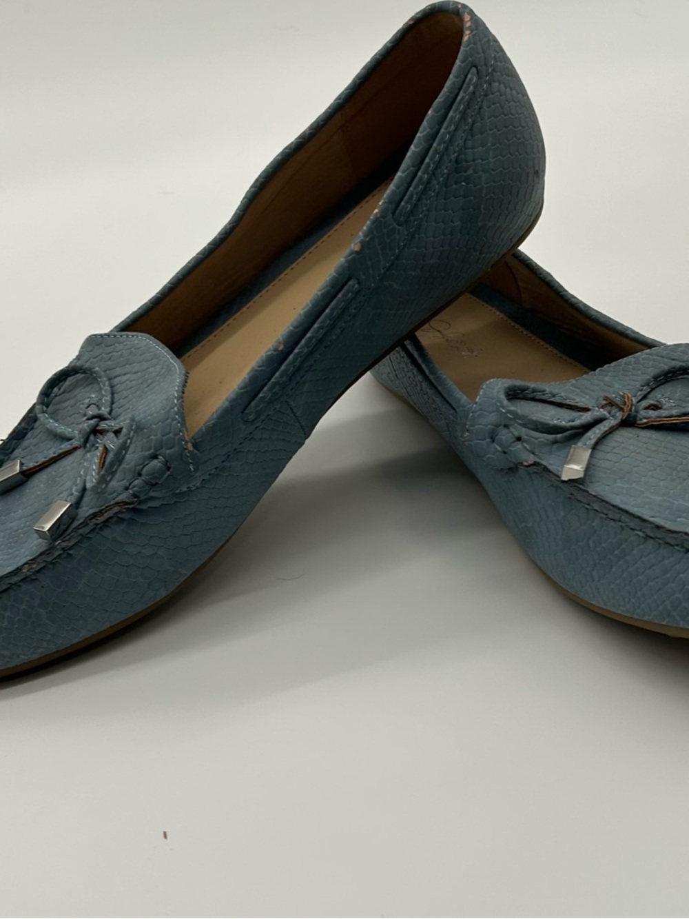 Jaclyn Smith Dusty Blue Embossed Bow Loafers